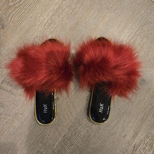Red Faux Fur Slide Sandals - H2K. Brand New